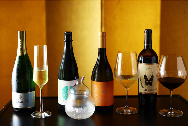 秋の夕食膳とご一緒に！老舗旅館・山翠楼　秋のペアリングのサブ画像1_左から　シャンパン、日本酒、白ワイン、赤ワイン